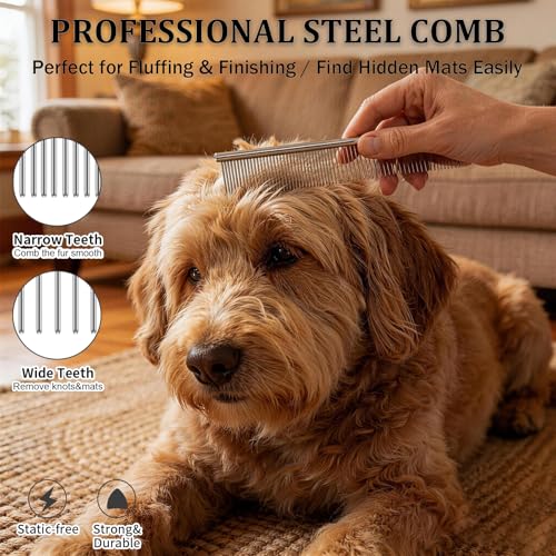 Slicker Brush for Dogs Grooming Kit with Cleaning Rake Tool 4PCS (Black)