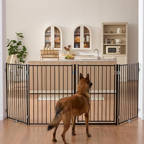 Freestanding Dog Gate with Door for Indoor & Outdoor (Black / 【4 Panels with Door】104"W×36"H)