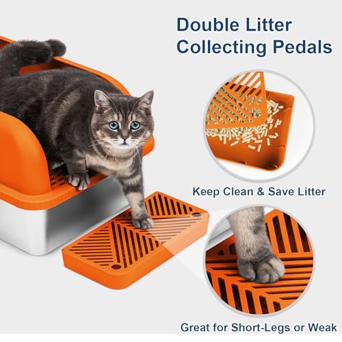 XL Enclosed Stainless Steel Cat Litter Box for Big Cats (Orange & Sliver / Large)