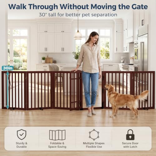 Dog Gate Indoor (Espresso / 132.3"Wx30"H, 6 Panels w/ Door)