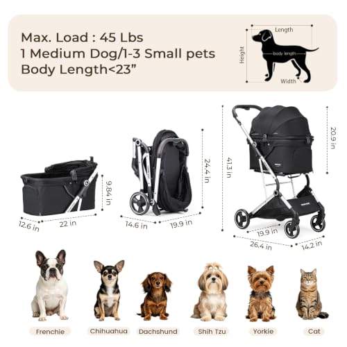 Beberoad Dog Stroller T4 for Small Medium Pets One Hand Fold (Black)