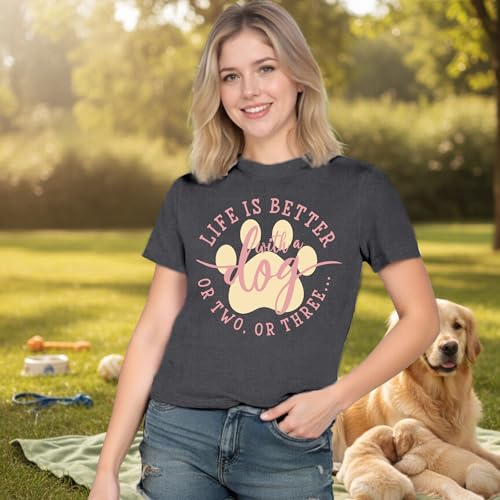 Dog Shirts for Women Dogs Mom Shirt Pet Paw Lover Tees Life is Better with a Dog Short Sleeves Grey (Grey / Large)