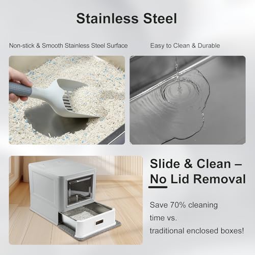 Enclosed Stainless Steel Cat Litter Box with Lid & Drawer Design for Indoor All Lifestyles Cats