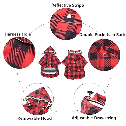 Dog rain Coat Waterproof Raincoat Puppy Jacket with Legs Buttons Zipper Hood Drawstring Fit for Yorkie Terrier Schnauzer Poodle Border Collie Labrador Golden Retriever 8lbs to 80lbs Red XL (X-Large / Red Plaid)