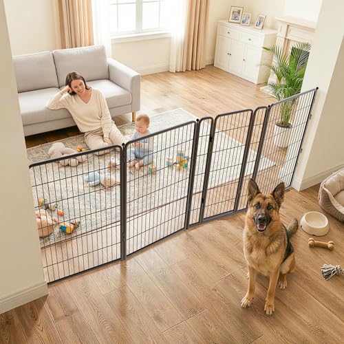 Dog Gate Extra Wide Adjustable for Openings Up to 111" (Black / Up to 111" W【3 Panels + 1 Door】 / 45"H)