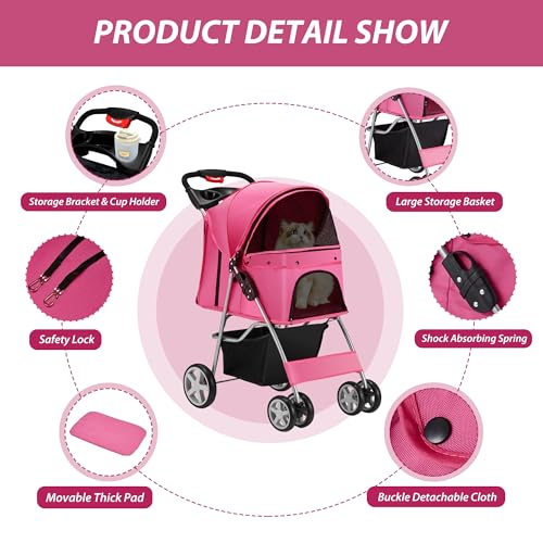 Foldable 4 Wheel Pet Stroller for Dogs Cats 10 (Pink)