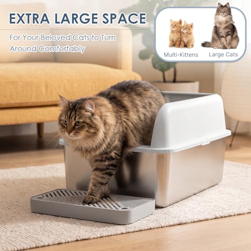 XL 8" Deep Enclosed Stainless Steel Cat Litter Box for Big Cats (Light Grey & Sliver / X-Large)
