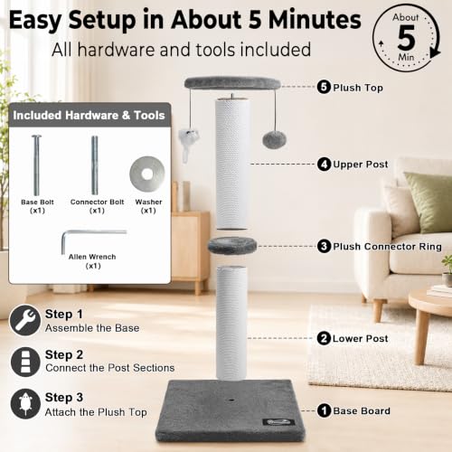 34 Inch Tall Cat Scratching Post for Large Cats (Gray)