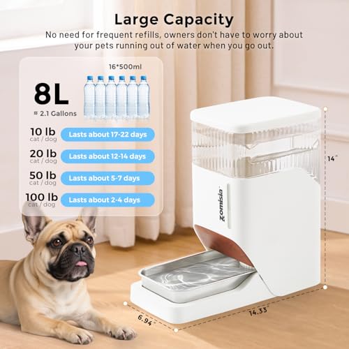 2.1 Gallon Gravity Dog Water Dispenser with Stainless Steel Bowl (White / 8L)