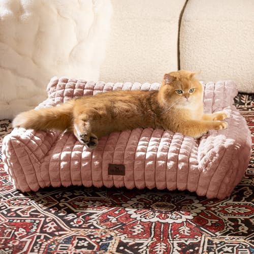 Cat Couch Bed with Fluffy Faux Rabbit Fur for Indoor Cats (Pink / Medium: 30"L x 20"W x 10"Th)