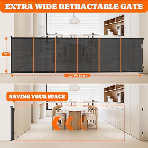 Extra Tall Retractable Baby Gates (Black / 51" Tall x 120" Wide)