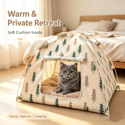 Portable Pet Tent Cave Bed with Removable Washable Mat (Khaki)