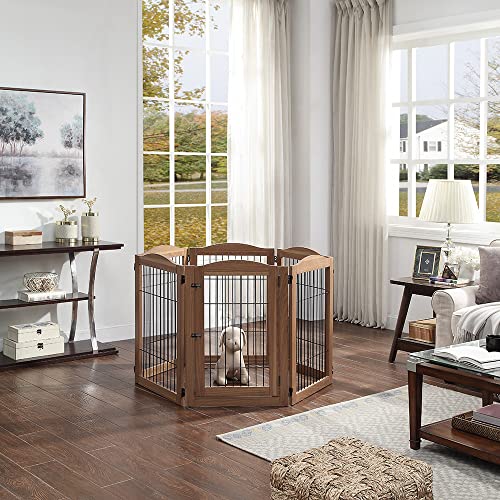 132" Extra Wide Dog Gate and Pet Playpen with Walk Through Door (Walnut / 132"W×31.5"H)