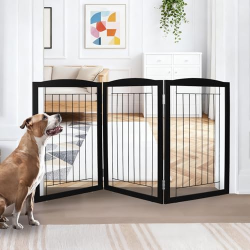 Freestanding Foldable Dog Gate for House Extra Wide Wooden Black Puppy Gate Stairs Dog Gates Doorways Tall Pet Gate 3 Panels Pet Fence (Black / 【3 Panels】60''w x 32''h)