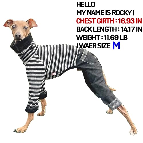 D Doggy Star Italian Greyhound Clothes Stripe Fleece Stretchable Denim Onesie Whippet for Dog Turtleneck Outfits Coat (2XL / Denim Black)