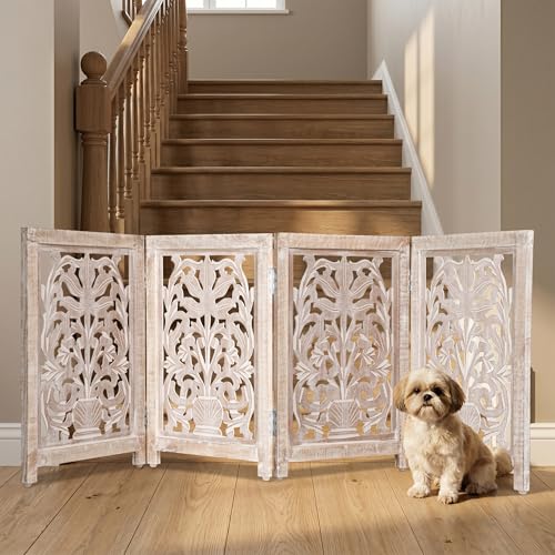 Lightnpro 4 Panel Carved Wooden Dog Gate with Stopper (White Wash / 24x72 - Milo)