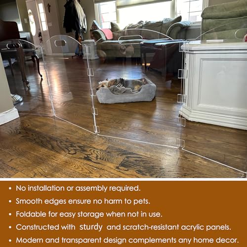 Clear Acrylic Freestanding Dog Gates for the House (3 Panel - 60''W x 24''H)