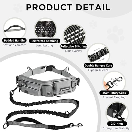 Hands Free Dog Leash with Waist Pack Bungee for Running Gray (Gray)