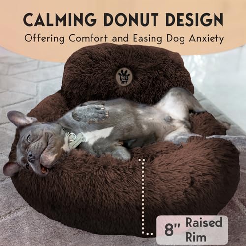 PetJett Calming Dog Bed for Small Dogs (Brown / Small - 23”L x 23”W x 8”Th)