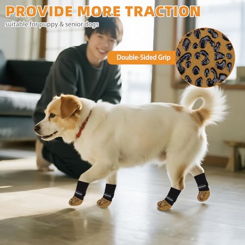 Anti Slip Dog Socks to Prevent Licking Paws (Khaki Reflective / Small/Medium (4 Pack))