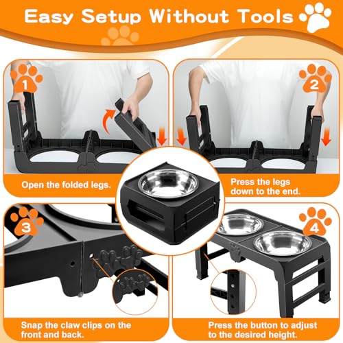 Elevated Dog Bowls for Large Dogs 5 Adjustable Heights 7.5" (Black / 10" for Large Dogs)