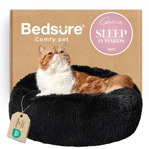 Calming Cat Beds Donut Round Washable Kitten Bed (20"L x 20"W x 6"Th / Black)