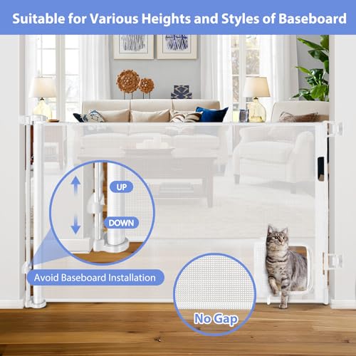 Retractable Baby Gates with Cat Door 80" Wide Retractable Dog Gate with Pet Door Outdoor Retractable Gate for Dogs Retractable Pet Gate with Door Mesh Baby Gate Retractable Mesh Dog Gate (White / 33" X 80"（With Cat Door ）)