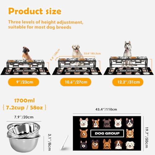 4 Bowl Elevated Dog Bowl Stand (Black, 4 Bowls / Height:9-12.2inch)