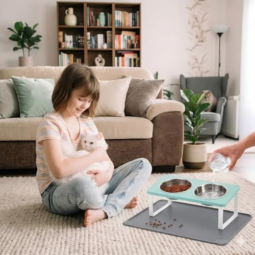 Upgraded Elevated Cat Bowls with Food Mat