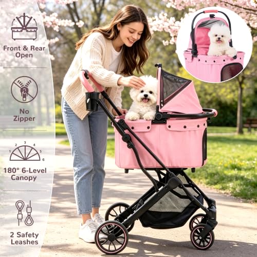 Dog Stroller for Small to Medium Dogs with Detachable Carrier (Sakura Pink)