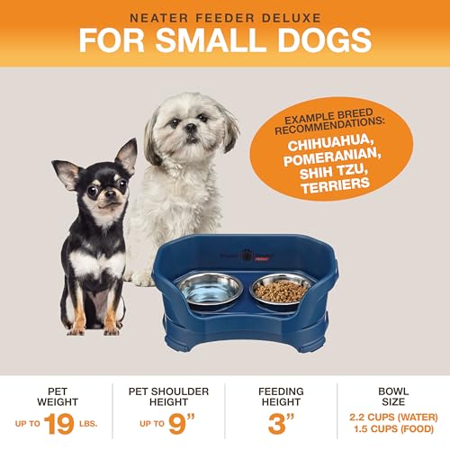 Neater Feeder Deluxe Mess Proof Dog Bowls Elevated for Small Dogs Under 19 lbs (Small with Standard Bowl / Dark Blue)