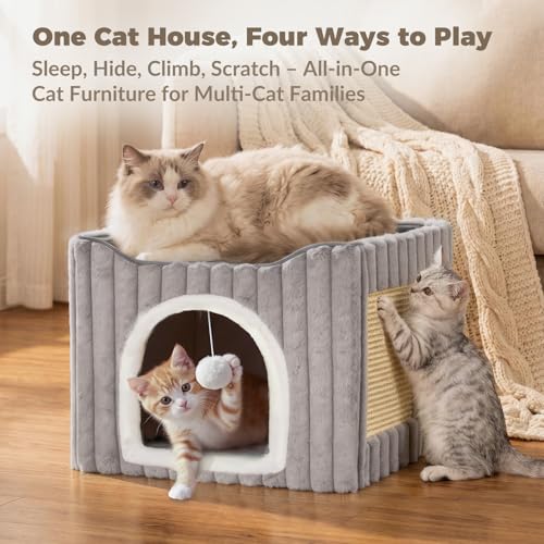 3-in-1 Cat Cave Bed for Indoor Cats with Scratch Pad (Grey)