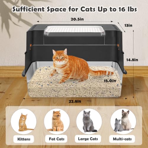 XL Stainless Steel Cat Litter Box with Lid (Black)