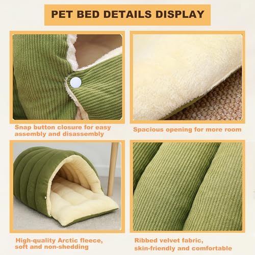 3-in-1 Enclosure Cat House Bed，Large Detachable Cat Cave Bed Warm，Cozy Cat Mat Nest Sleeping Bed Puppy House for Cats Small Dogs 22.4x14.5x11 Inches，Green (Green / Large)