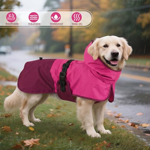 Dog Raincoat Waterproof Rain Jacket with Hood (XXXL(Back Length26.7") / Rose Red)