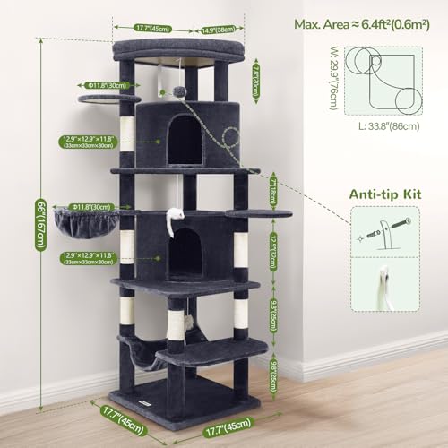 66in Corner Cat Tree Tower for Indoor Large Cats (66inch / Dark Gray)