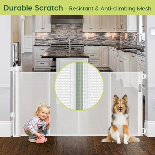 Reinforced 55" Wide Retractable Baby Gates for Doorways to Prevent Crawling Under (White / 33" Tall x 55" Wide（ With Reinforced Bar ）)