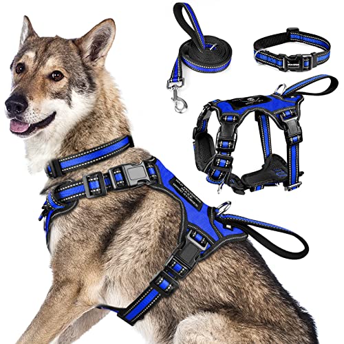 All-in-One Reflective Dog Harness, Collar & Leash Set, No Pull with Adjustable Buckles, X-Large, Dark Blue (X-Large / Dark Blue)