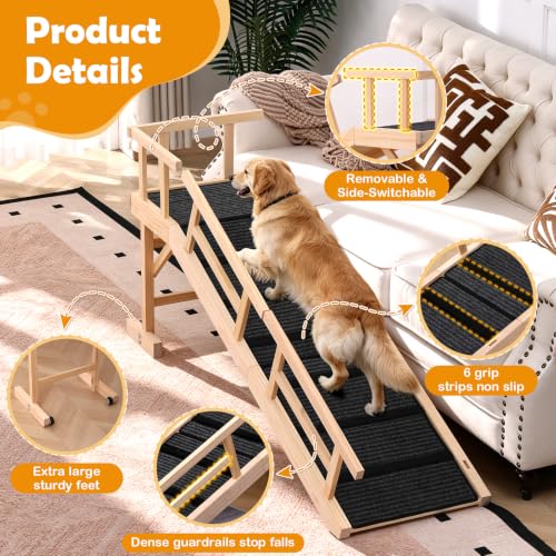 59" Wooden Dog Ramp with Platform & Wheels Gentle Slope Non (L-59"L×17"W×20"H)