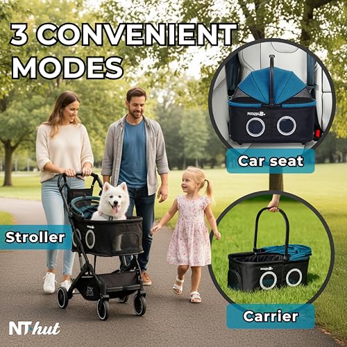 NT·hut 3-in-1 Pet Stroller for Small and Medium Dogs and Cats, Up to 50 lbs (Black Teal Turquoise)