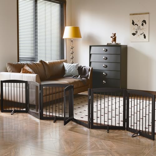 Freestanding Pet Gates with Walk Through Door (6 Panel 24" / Dark Brown)