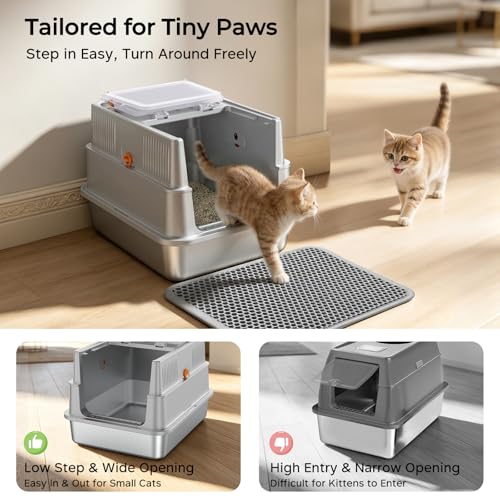 Small Stainless Steel Cat Litter Box with Lid for Kittens (Light Gray / Small)