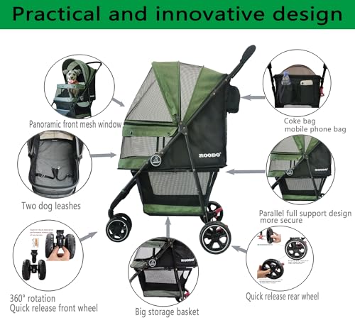 3 Wheel Pet Stroller Best Lightweight Foldable Compact Portable Jogger All Terrain Travel Pet Gear Puppy Kitty Stroller for up to 30lbs Medium Small Dogs and Cats (Cationic Green)