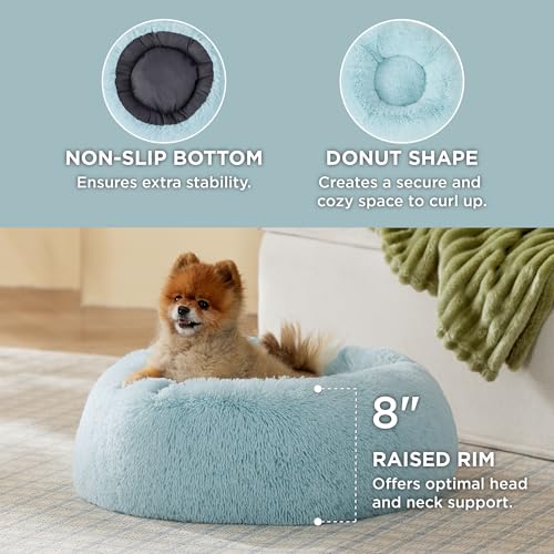Calming Small Dog Bed Donut Washable Cat＆Puppy Bed (23"L x 23"W x 8"Th / Aqua Blue)