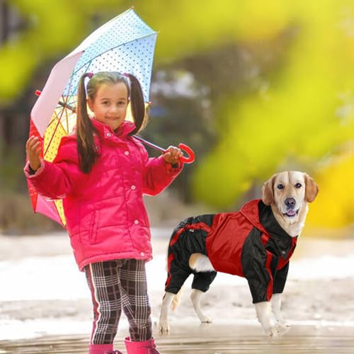 Dog Raincoat 4 Leg Waterproof Dog Rain Jacket with Hood (Red / X-Large)