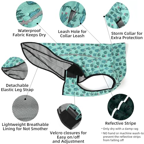 Dog Raincoat Adjustable Waterproof Reflective Rain Jacket for Small Medium Large Dogs (S Chest 22"-25" / Green Cactus)