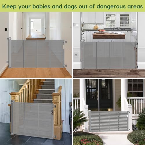 Reinforced 55" Wide Retractable Dog Gate with Support Rods (Gray / 33" Tall x 55" Wide（ With Reinforced Bar ）)