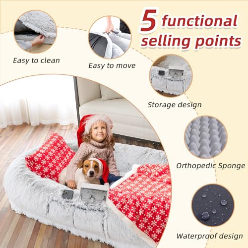 Human Dog Bed (71.0"L x 45.0"W x 12.0"Th / Grey-Christmas)