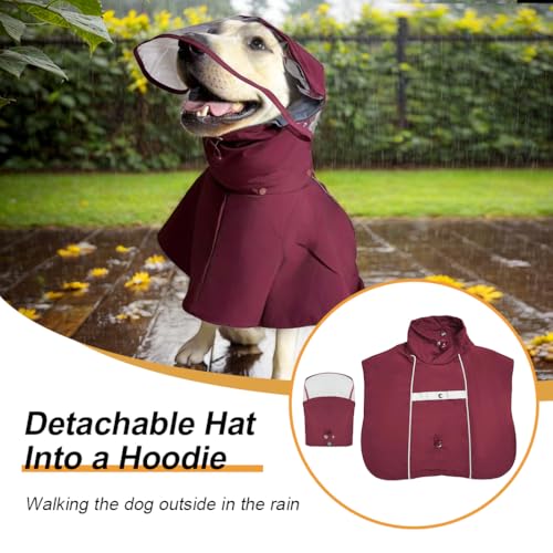 Pet Dog Raincoat Jacket Large Dog Rain Poncho with Transparent Hood (Wine Red / 5XL-Fit for 75-95 lbs)