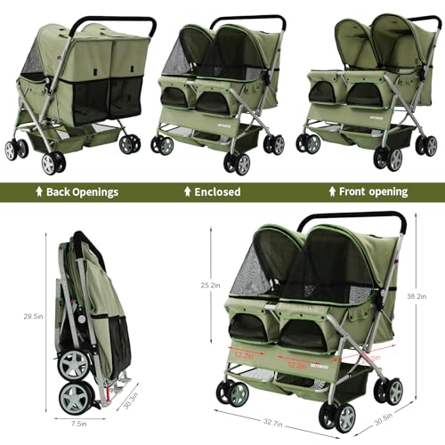 Double Pet Stroller for 2 Small Dogs & Cats (Green)